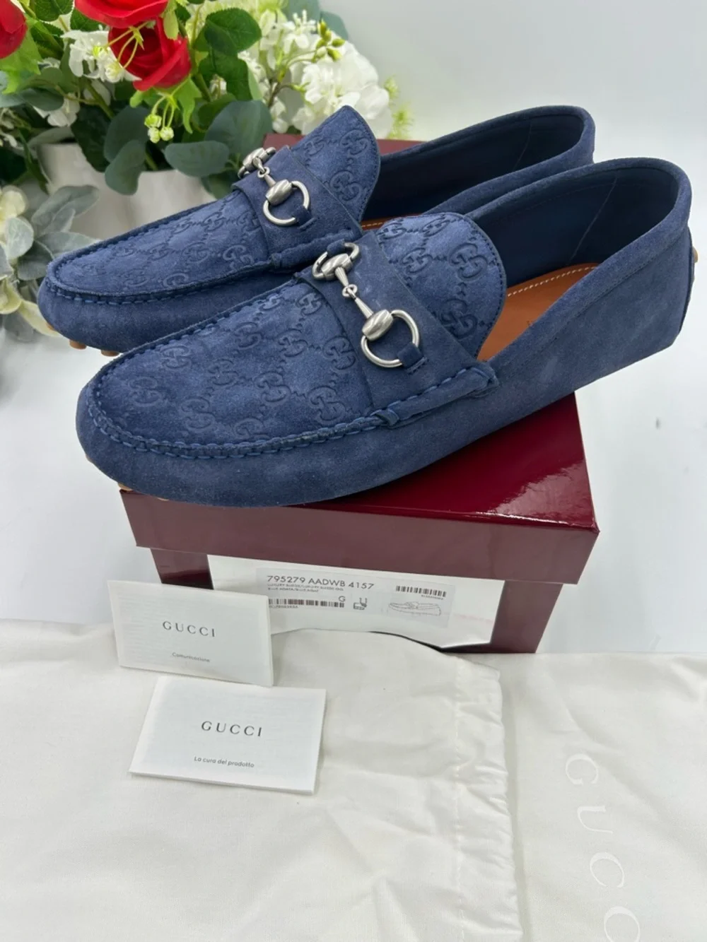 Men's Gucci, GG embossed suede Driver loafers size 11 fits 11.5 US made in Italy